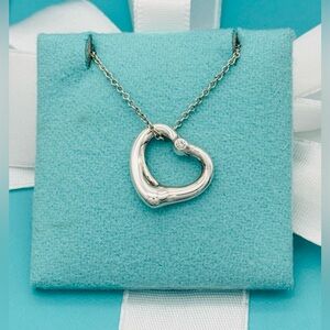 Tiffany & Co SS Peretti 16mm Open Two Diamond Heart 16” Necklace EUC